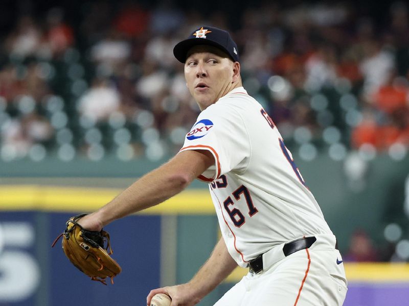Apr 23, 2025; Houston, Texas, USA; Houston Astros starting pitcher Hunter Brown (58) pitches against the Toronto Blue Jays in the second inning at Daikin Park. Mandatory Credit: Thomas Shea-Imagn Images