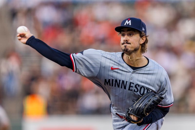 Jul 12, 2024; San Francisco, California, USA; Minnesota Twins starting pitcher Joe Ryan (41) throws against the San Francisco Giants during the first inning at Oracle Park. Mandatory Credit: John Hefti-USA TODAY Sports