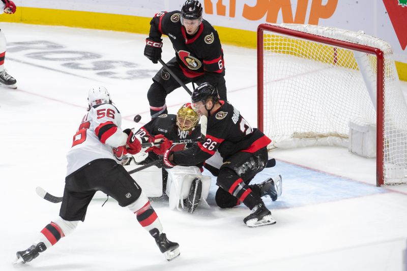 Apr 6, 2024; Ottawa, Ontario, CAN; New Jersey Devils left wing Erik Haula (56) shoots on Ottawa Senators goalie Joonas Korpisalo (70) in the third period at the Canadian Tire Centre. Mandatory Credit: Marc DesRosiers-USA TODAY Sports