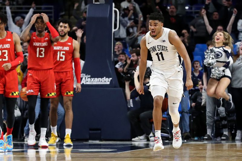 Mar 5, 2023; University Park, Pennsylvania, USA; Penn State Nittany Lions guard Camren Wynter (11) reacts after making a shot late in the second half against the Maryland Terrapins at Bryce Jordan Center. Mandatory Credit: Matthew OHaren-USA TODAY Sports