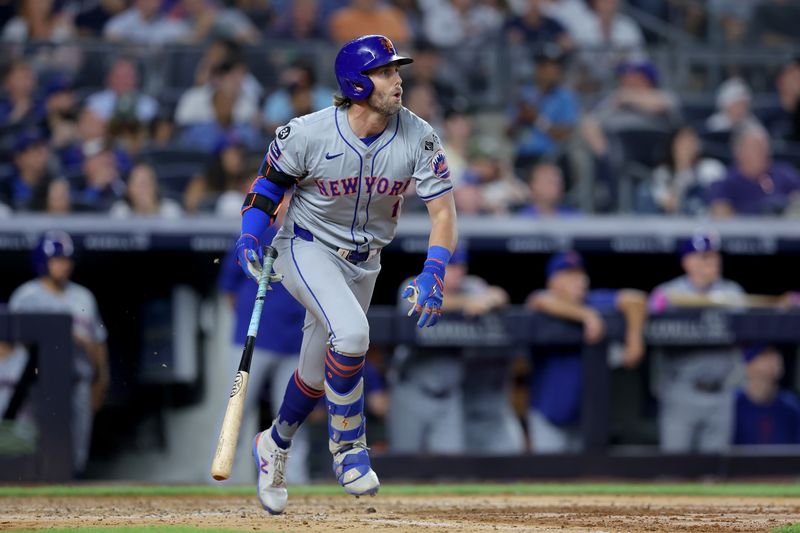 Jul 23, 2024; Bronx, New York, USA; New York Mets second baseman Jeff McNeil (1) watches his two run home run against the New York Yankees during the sixth inning at Yankee Stadium. Mandatory Credit: Brad Penner-USA TODAY Sports