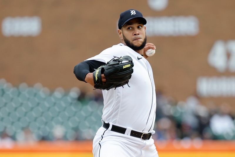 Apr 29, 2023; Detroit, Michigan, USA;  Detroit Tigers starting pitcher Eduardo Rodriguez (57) pitches in the first inning against the Baltimore Orioles at Comerica Park. Mandatory Credit: Rick Osentoski-USA TODAY Sports