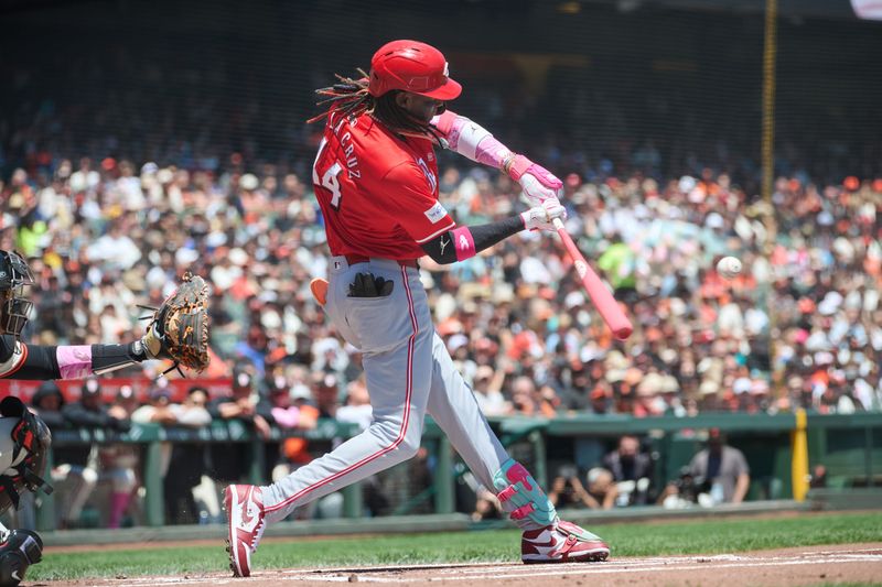 May 12, 2024; San Francisco, California, USA; Cincinnati Reds infielder Elly De La Cruz (44) bats against the San Francisco Giants during the first inning at Oracle Park. Mandatory Credit: Robert Edwards-USA TODAY Sports