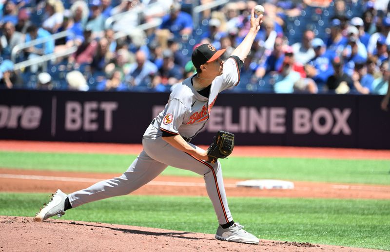 Jun 6, 2024; Toronto, Ontario, CAN;   Baltimore Orioles starting pitcher Cade Povich (37) delivers a pitch against the Toronto Blue Jays in the first inning at Rogers Centre. Mandatory Credit: Dan Hamilton-USA TODAY Sports