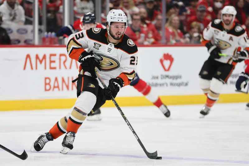 Jan 15, 2024; Sunrise, Florida, USA; Anaheim Ducks center Mason McTavish (23) moves the puck against the Florida Panthers during the first period at Amerant Bank Arena. Mandatory Credit: Sam Navarro-USA TODAY Sports