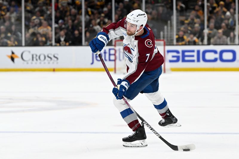 Jan 25, 2025; Boston, Massachusetts, USA; Colorado Avalanche defenseman Devon Toews (7) takes a shot against the Boston Bruins during the second period at the TD Garden. Mandatory Credit: Brian Fluharty-Imagn Images