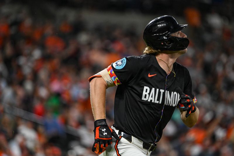 Sep 20, 2024; Baltimore, Maryland, USA;  Baltimore Orioles shortstop Gunnar Henderson (2) runs out a first inning hit against the Detroit Tigers at Oriole Park at Camden Yards. Mandatory Credit: Tommy Gilligan-Imagn Images