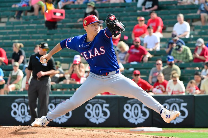 Feb 23, 2026; Tempe, Arizona, USA;  Texas Rangers pitcher Jack Leiter (22) throws in the first inning against the Los Angeles Angels during a spring training game at Tempe Diablo Stadium. Mandatory Credit: Matt Kartozian-Imagn Images