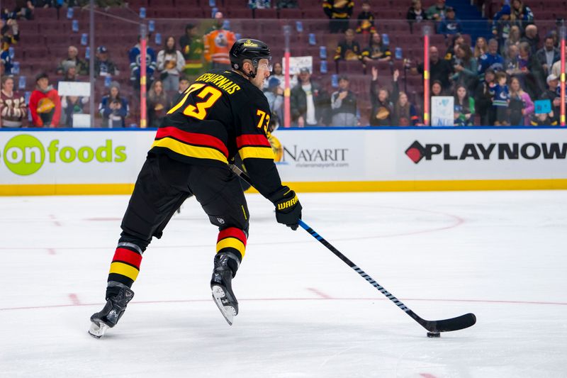 Nov 9, 2024; Vancouver, British Columbia, CAN; Vancouver Canucks defenseman Vincent Desharnais (73) handles the puck during warm up prior to a game against the Edmonton Oilers at Rogers Arena. Mandatory Credit: Bob Frid-Imagn Images