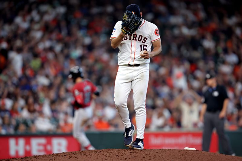 Sep 7, 2024; Houston, Texas, USA; Houston Astros starting pitcher Yusei Kikuchi (16) reacts after giving up a home run to Arizona Diamondbacks third baseman Eugenio Suárez (28) during the sixth inning at Minute Maid Park. Mandatory Credit: Erik Williams-Imagn Images
