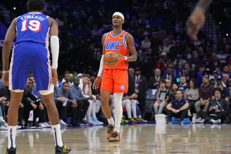 PHILADELPHIA, PA - JANUARY 14: Shai Gilgeous-Alexander #2 of the Oklahoma City Thunder dribbles the ball during the game against the Philadelphia 76ers on January 14, 2025 at the Wells Fargo Center in Philadelphia, Pennsylvania NOTE TO USER: User expressly acknowledges and agrees that, by downloading and/or using this Photograph, user is consenting to the terms and conditions of the Getty Images License Agreement. Mandatory Copyright Notice: Copyright 2025 NBAE (Photo by Jesse D. Garrabrant/NBAE via Getty Images)