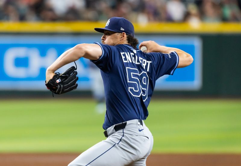 Apr 22, 2025; Phoenix, Arizona, USA; Tampa Bay Rays pitcher Mason Englert in the eighth inning against the Arizona Diamondbacks at Chase Field. Mandatory Credit: Mark J. Rebilas-Imagn Images