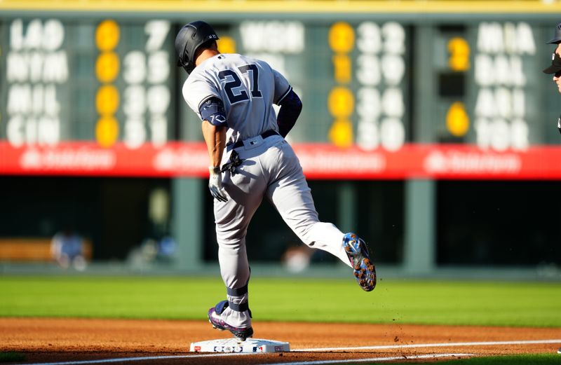 Jul 14, 2023; Denver, Colorado, USA; New York Yankees right fielder Giancarlo Stanton (27) runs off a two run home run in the first inning against the Colorado Rockies at Coors Field. Mandatory Credit: Ron Chenoy-USA TODAY Sports