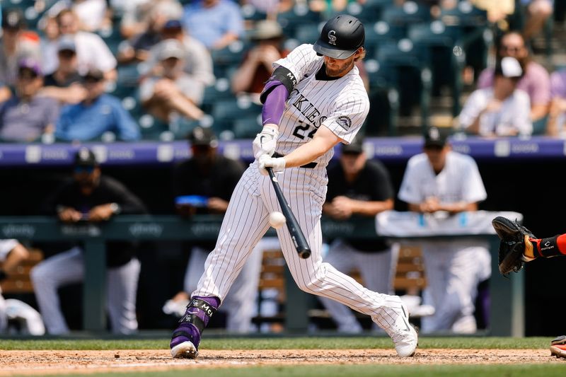 Jul 24, 2024; Denver, Colorado, USA; Colorado Rockies third baseman Ryan McMahon (24) hits a two run home run in the fourth inning against the Boston Red Sox at Coors Field. Mandatory Credit: Isaiah J. Downing-USA TODAY Sports