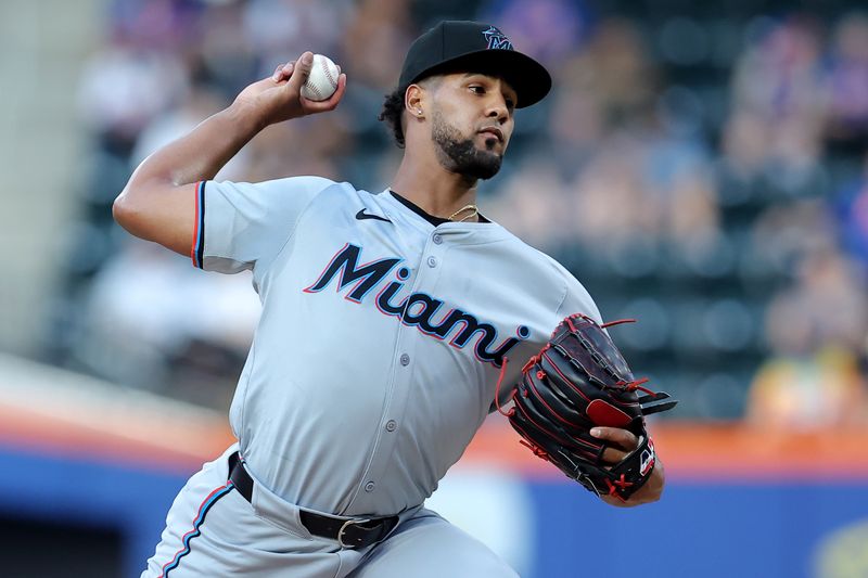 Jun 13, 2024; New York City, New York, USA; Miami Marlins starting pitcher Roddery Munoz (71) pitches against the New York Mets during the second inning at Citi Field. Mandatory Credit: Brad Penner-USA TODAY Sports