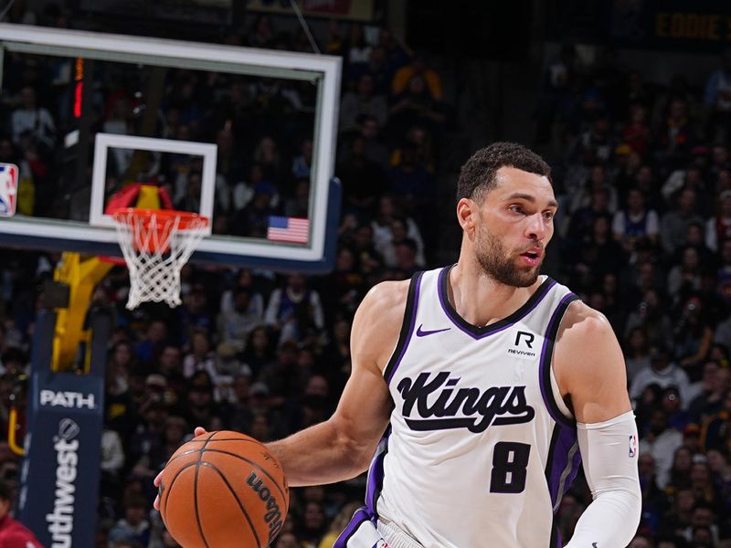 DENVER, CO - MARCH 5: Zach LaVine #8 of the Sacramento Kings dribbles the ball during the game against the Denver Nuggets  on March 5, 2025 at Ball Arena in Denver, Colorado. NOTE TO USER: User expressly acknowledges and agrees that, by downloading and/or using this Photograph, user is consenting to the terms and conditions of the Getty Images License Agreement. Mandatory Copyright Notice: Copyright 2025 NBAE (Photo by Bart Young/NBAE via Getty Images)