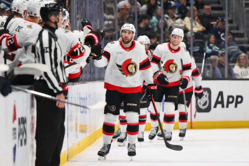 Mar 7, 2026; Seattle, Washington, USA; Ottawa Senators right wing Michael Amadio (22) celebrates with the bench after scoring a goal against the Seattle Kraken during the second period at Climate Pledge Arena. Mandatory Credit: Steven Bisig-Imagn Images