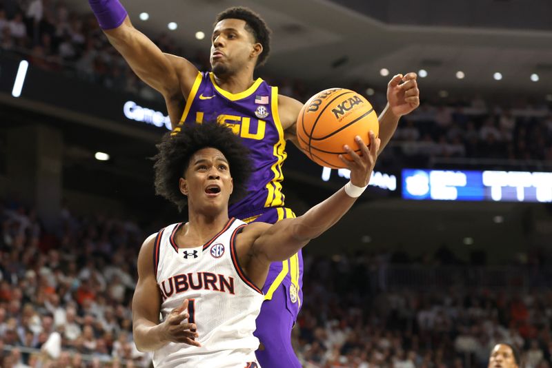 Jan 13, 2024; Auburn, Alabama, USA; LSU Tigers guard Jordan Wright (6) fouls Auburn Tigers guard Aden Holloway (1) during the second half at Neville Arena. Mandatory Credit: John Reed-USA TODAY Sports