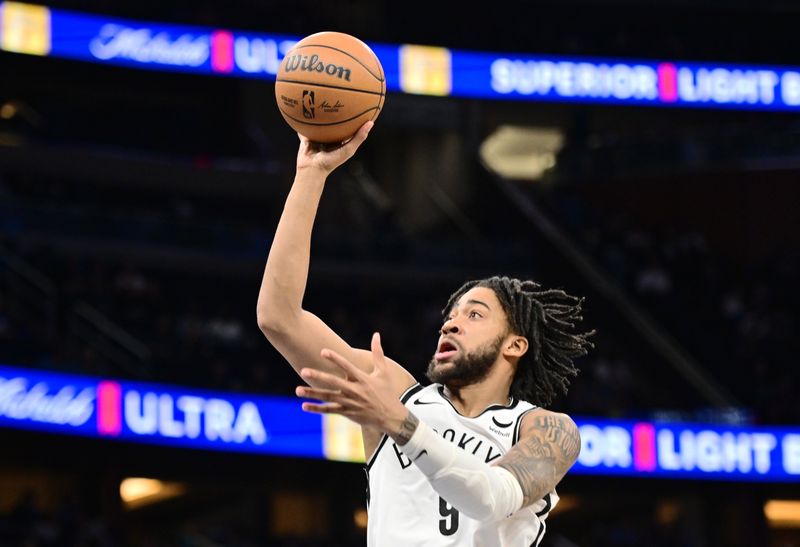 ORLANDO, FLORIDA - FEBRUARY 27: Trendon Watford #9 of the Brooklyn Nets shoots the ball in the second half of a game against the Orlando Magic at Kia Center on February 27, 2024 in Orlando, Florida. NOTE TO USER: User expressly acknowledges and agrees that, by downloading and or using this photograph, User is consenting to the terms and conditions of the Getty Images License Agreement. (Photo by Julio Aguilar/Getty Images)