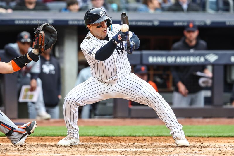 May 4, 2024; Bronx, New York, USA;  New York Yankees catcher Jose Trevino (39) attempts a sacrifice bunt in the sixth inning against the Detroit Tigers at Yankee Stadium. Mandatory Credit: Wendell Cruz-USA TODAY Sports