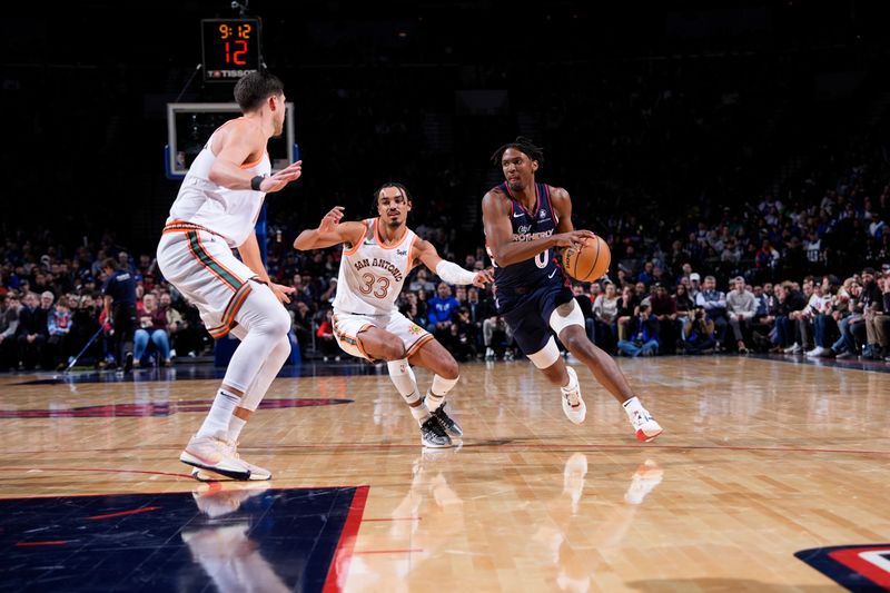 PHILADELPHIA, PA - JANUARY 22: Tyrese Maxey #0 of the Philadelphia 76ers drives to the basket during the game against the San Antonio Spurs on January 22, 2024 at the Wells Fargo Center in Philadelphia, Pennsylvania NOTE TO USER: User expressly acknowledges and agrees that, by downloading and/or using this Photograph, user is consenting to the terms and conditions of the Getty Images License Agreement. Mandatory Copyright Notice: Copyright 2024 NBAE (Photo by Jesse D. Garrabrant/NBAE via Getty Images)