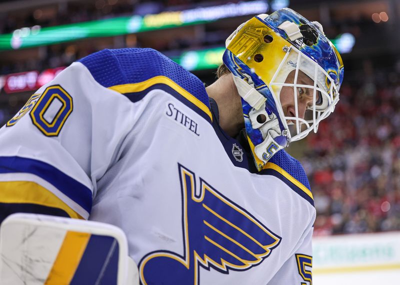 Mar 7, 2024; Newark, New Jersey, USA; St. Louis Blues goaltender Jordan Binnington (50) skates during a stoppage during the first period against the New Jersey Devils at Prudential Center. Mandatory Credit: Vincent Carchietta-USA TODAY Sports