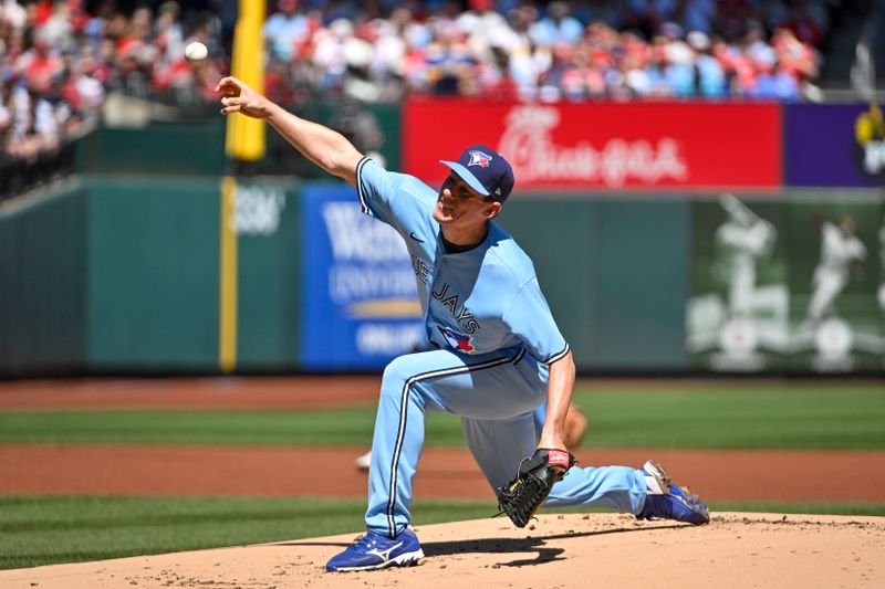 Apr 2, 2023; St. Louis, Missouri, USA;  Toronto Blue Jays starting pitcher Chris Bassitt (40) pitches against the St. Louis Cardinals during the first inning at Busch Stadium. Mandatory Credit: Jeff Curry-USA TODAY Sports