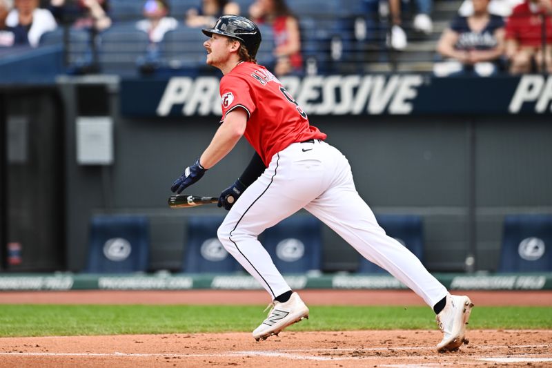 May 14, 2025; Cleveland, Ohio, USA; Cleveland Guardians first baseman Kyle Manzardo (9) hits a home run during the second inning against the Milwaukee Brewers at Progressive Field. Mandatory Credit: Ken Blaze-Imagn Images