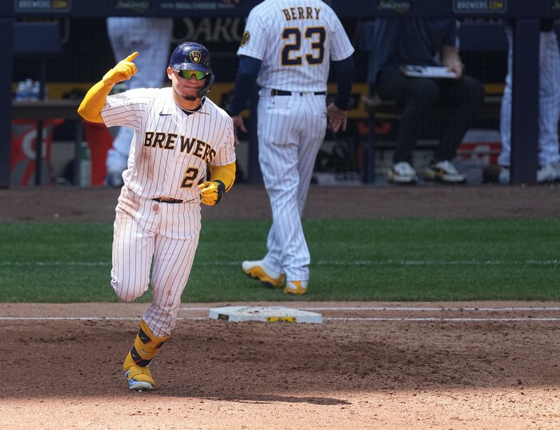 May 28, 2023; Milwaukee, Wisconsin, USA; Milwaukee Brewers catcher William Contreras (24) rounds first base after hitting a two-run home run during the second inning of their game against the San Francisco Giants at American Family Field. Mandatory Credit: Mark Hoffman/Milwaukee Journal Sentinel-USA TODAY Sports