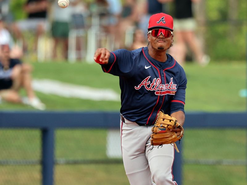 Mar 18, 2024; Port Charlotte, Florida, USA;  Atlanta Braves infielder Keshawn Ogans (50) throws the ball to first base for an out during the fifth inning against the Tampa Bay Rays at Charlotte Sports Park. Mandatory Credit: Kim Klement Neitzel-USA TODAY Sports