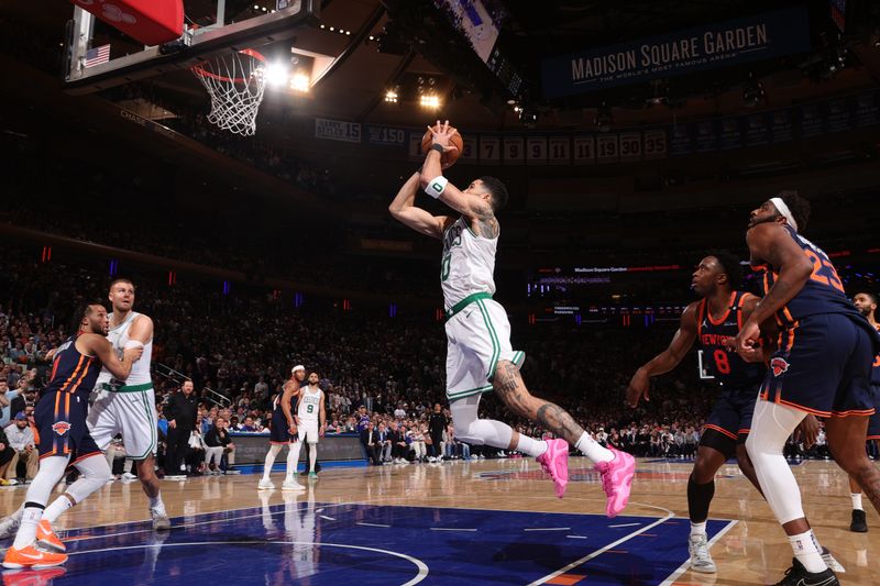 NEW YORK, NY - MAY 12: Jayson Tatum #0 of the Boston Celtics drives to the basket during the game against the New York Knicks during Round 2 Game 4 of the 2025 NBA Playoffs on May 12, 2025 at Madison Square Garden in New York City, New York.  NOTE TO USER: User expressly acknowledges and agrees that, by downloading and or using this photograph, User is consenting to the terms and conditions of the Getty Images License Agreement. Mandatory Copyright Notice: Copyright 2025 NBAE  (Photo by Nathaniel S. Butler/NBAE via Getty Images)