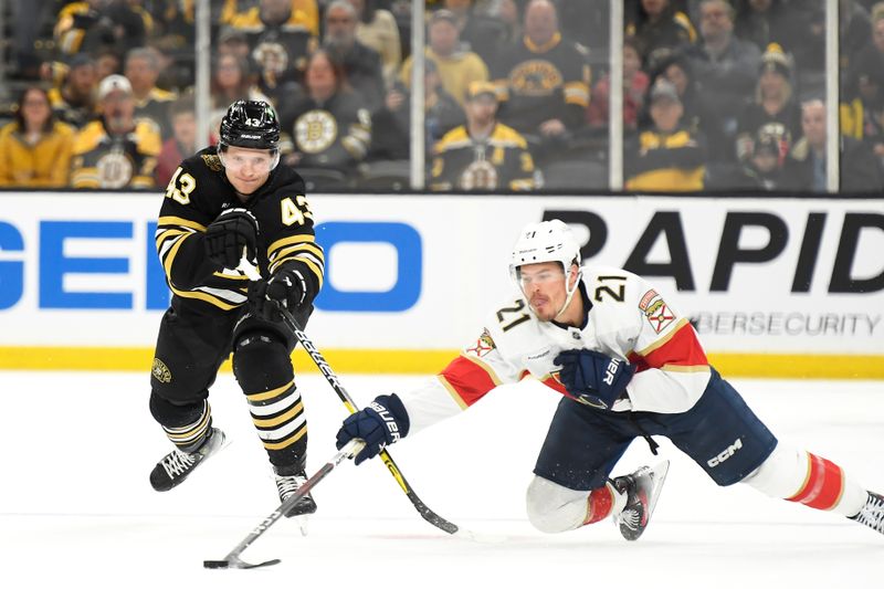 Apr 6, 2024; Boston, Massachusetts, USA; Florida Panthers center Nick Cousins (21) pokes the puck away from Boston Bruins center Danton Heinen (43) during the first period at TD Garden. Mandatory Credit: Bob DeChiara-USA TODAY Sports