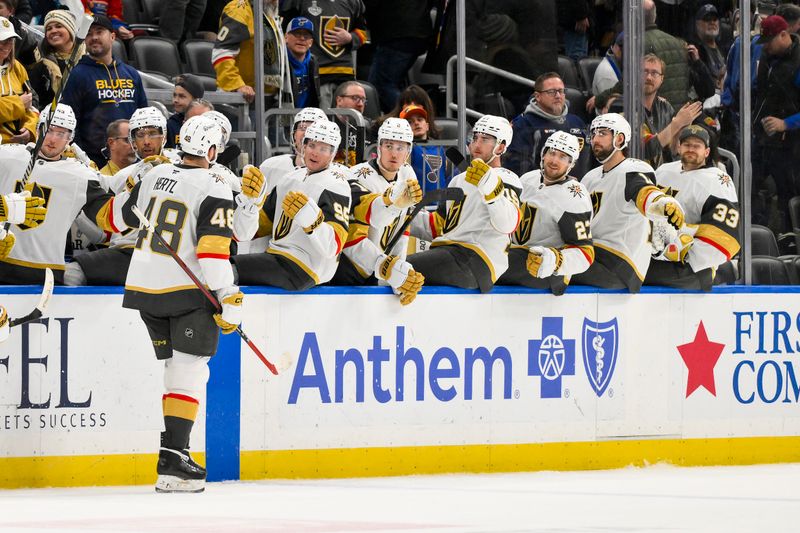 Jan 23, 2025; St. Louis, Missouri, USA;  Vegas Golden Knights center Tomas Hertl (48) is congratulated by teammates after scoring an empty net goal against the St. Louis Blues during the third period at Enterprise Center. Mandatory Credit: Jeff Curry-Imagn Images