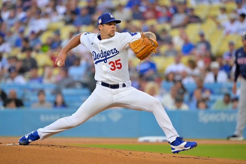 Jul 19, 2024; Los Angeles, California, USA;  Los Angeles Dodgers pitcher Gavin Stone (35) delivers to the plate in the first inning against the Boston Red Sox at Dodger Stadium. Mandatory Credit: Jayne Kamin-Oncea-USA TODAY Sports