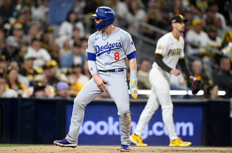 Oct 9, 2024; San Diego, California, USA; Los Angeles Dodgers third baseman Enrique Hernandez (8) celebrates after scoring in the second inning against the San Diego Padres during game four of the NLDS for the 2024 MLB Playoffs at Petco Park.  Mandatory Credit: Denis Poroy-Imagn Images