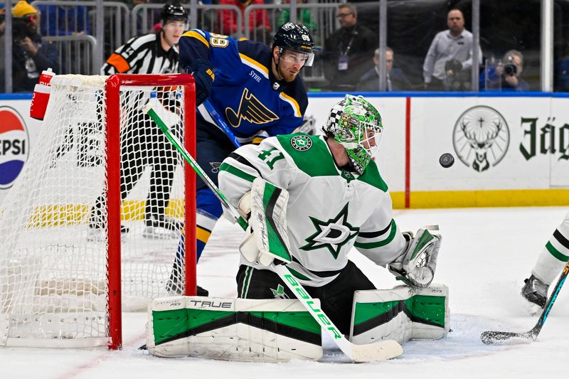 Dec 27, 2023; St. Louis, Missouri, USA;  Dallas Stars goaltender Scott Wedgewood (41) defends the net against the St. Louis Blues during the second period at Enterprise Center. Mandatory Credit: Jeff Curry-USA TODAY Sports