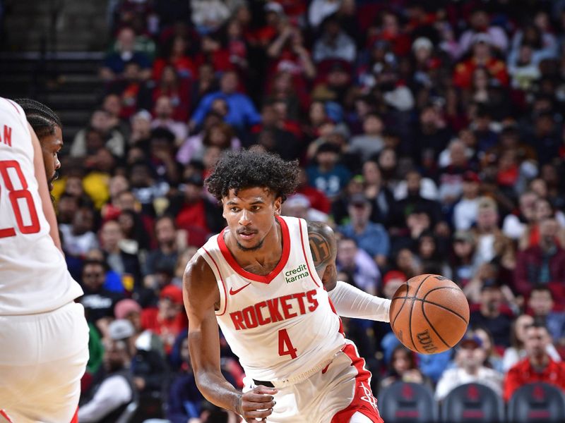 HOUSTON, TX - JANUARY 31: Jalen Green #4 of the Houston Rockets dribbles the ball during the game against the New Orleans Pelicans  on January 31, 2024 at the Toyota Center in Houston, Texas. NOTE TO USER: User expressly acknowledges and agrees that, by downloading and or using this photograph, User is consenting to the terms and conditions of the Getty Images License Agreement. Mandatory Copyright Notice: Copyright 2024 NBAE (Photo by Logan Riely/NBAE via Getty Images)