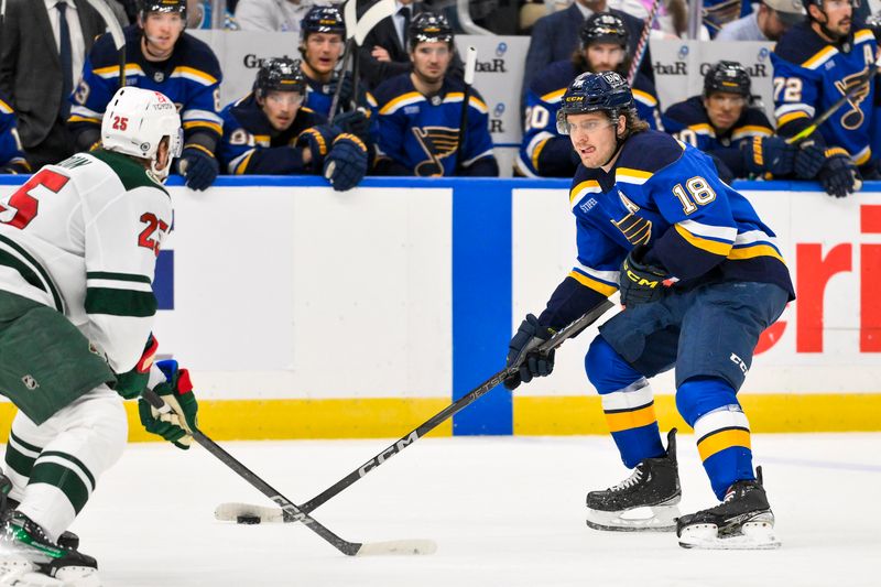 Nov 19, 2024; St. Louis, Missouri, USA;  St. Louis Blues center Robert Thomas (18) controls the puck against the Minnesota Wild during the second period at Enterprise Center. Mandatory Credit: Jeff Curry-Imagn Images