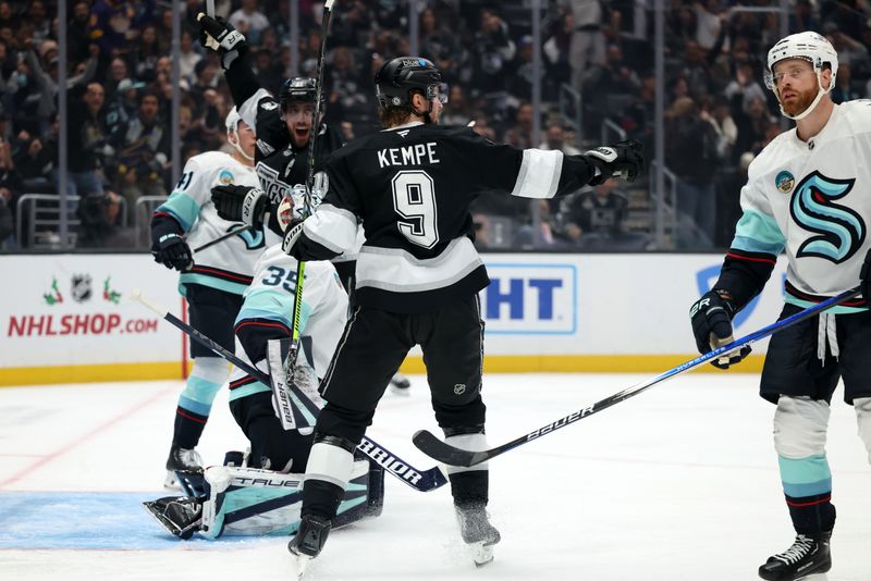 Nov 23, 2024; Los Angeles, California, USA;  Los Angeles Kings right wing Adrian Kempe (9) celebrates after scoring a goal during the second period against the Seattle Kraken at Crypto.com Arena. Mandatory Credit: Kiyoshi Mio-Imagn Images