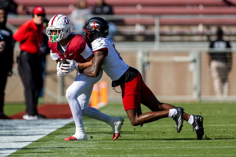 Nov 16, 2024; Stanford, California, USA; Stanford Cardinal wide receiver Emmett Mosley V (10) is tackled out of bounds during the first quarter against the Louisville Cardinals at Stanford Stadium. Mandatory Credit: Bob Kupbens-Imagn Images