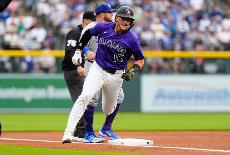 Jun 24, 2025; Denver, Colorado, USA; Colorado Rockies catcher Hunter Goodman (15) heads home to score a run in the first inning against the Los Angeles Dodgers at Coors Field. Mandatory Credit: Ron Chenoy-Imagn Images