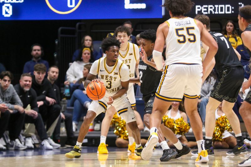 Jan 17, 2026; Morgantown, West Virginia, USA; West Virginia Mountaineers guard Honor Huff (3) dribbles during the first half against the Colorado Buffaloes at Hope Coliseum. Mandatory Credit: Ben Queen-Imagn Images