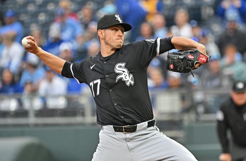 Apr 6, 2024; Kansas City, Missouri, USA; Chicago White Sox starting pitcher Chris Flexen (77) delivers a pitch in the first inning against the Kansas City Royals at Kauffman Stadium. Mandatory Credit: Peter Aiken-USA TODAY Sports