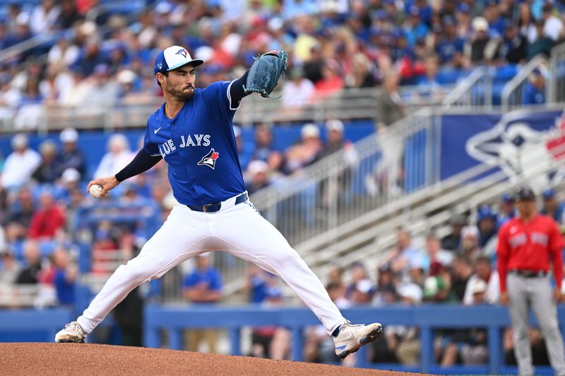 Mar 22, 2024; Dunedin, Florida, USA; Toronto Blue Jays starting pitcher Mitch White (45) throws a pitch in the first inning of the spring training game against the Boston Red Sox at TD Ballpark. Mandatory Credit: Jonathan Dyer-USA TODAY Sports