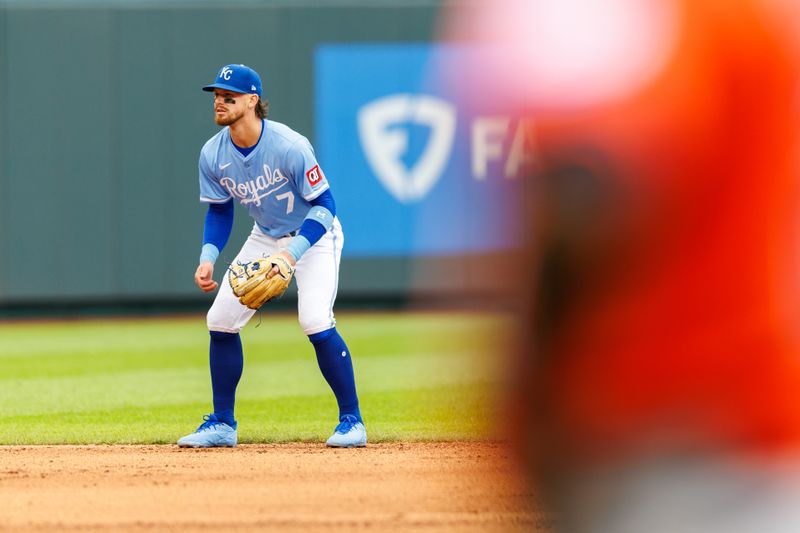 Apr 27, 2025; Kansas City, Missouri, USA; Kansas City Royals shortstop Bobby Witt Jr. (7) on the field during the ninth inning against the Houston Astros at Kauffman Stadium. Mandatory Credit: William Purnell-Imagn Images