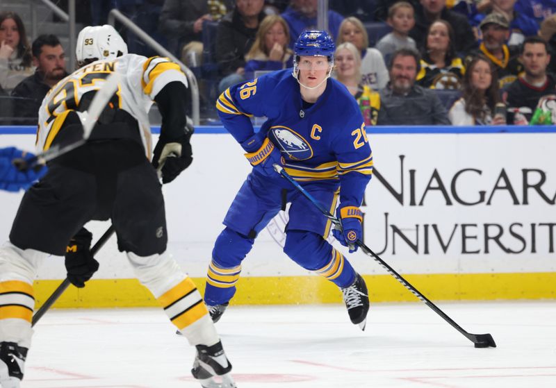 Mar 25, 2026; Buffalo, New York, USA; Buffalo Sabres defenseman Rasmus Dahlin (26) looks to make a pass during the second period against the Boston Bruins at KeyBank Center. Mandatory Credit: Timothy T. Ludwig-Imagn Images Mar 25, 2026; Buffalo, New York, USA; Buffalo Sabres defenseman Rasmus Dahlin (26) looks to make a pass during the second period against the Boston Bruins at KeyBank Center. Mandatory Credit: Timothy T. Ludwig-Imagn Images