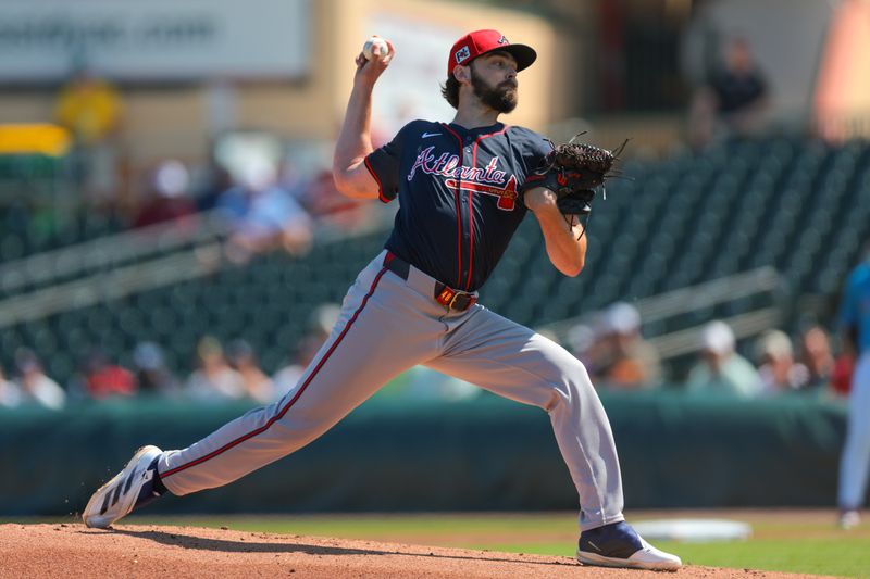 Feb 28, 2025; Jupiter, Florida, USA; Atlanta Braves starting pitcher Ian Anderson (48) delivers a pitch against the Miami Marlins during the first inning at Roger Dean Chevrolet Stadium. Mandatory Credit: Sam Navarro-Imagn Images