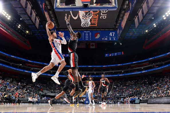 DETROIT, MI - NOVEMBER 1: Cade Cunningham #2 of the Detroit Pistons drives to the basket during the game against the Portland Trail Blazers on November 1, 2023 at Little Caesars Arena in Detroit, Michigan. NOTE TO USER: User expressly acknowledges and agrees that, by downloading and/or using this photograph, User is consenting to the terms and conditions of the Getty Images License Agreement. Mandatory Copyright Notice: Copyright 2023 NBAE (Photo by Chris Schwegler/NBAE via Getty Images)