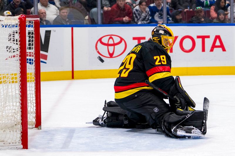 Mar 25, 2024; Vancouver, British Columbia, CAN;Vancouver Canucks goalie Casey DeSmith (29) makes a save against the Los Angeles Kings in the second period at Rogers Arena. Mandatory Credit: Bob Frid-USA TODAY Sports