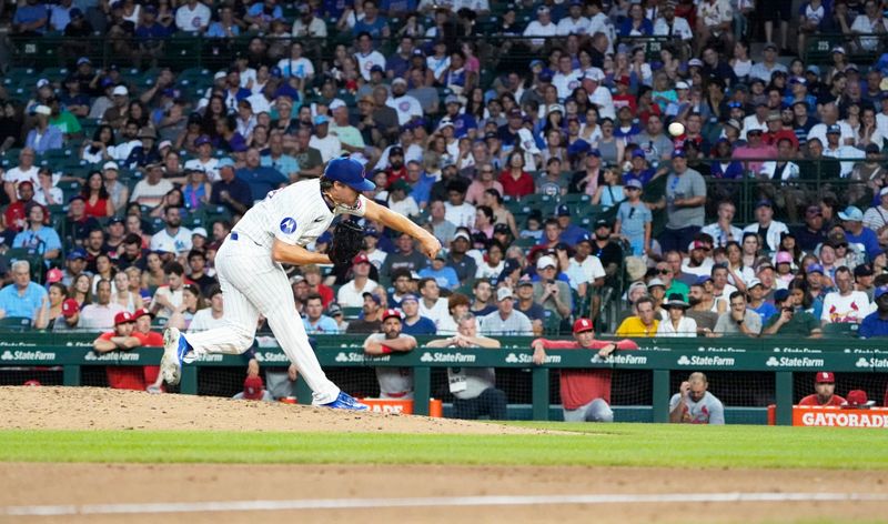 Aug 4, 2024; Chicago, Illinois, USA; Chicago Cubs pitcher Justin Steele (35) throws the ball against the St. Louis Cardinals during the seventh inning at Wrigley Field. Mandatory Credit: David Banks-USA TODAY Sports